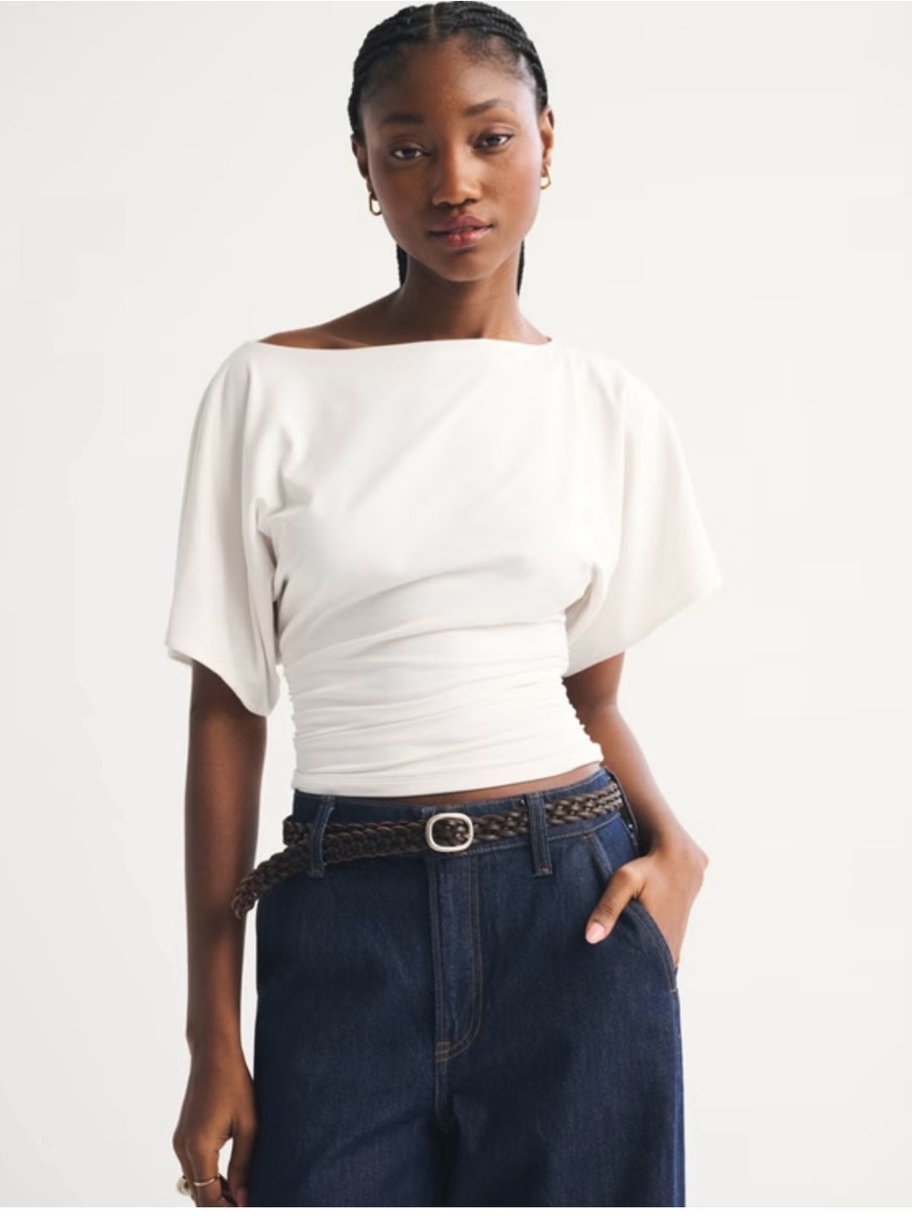 Abercrombie & Fitch White Boatneck Ruched-Waist Top